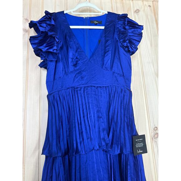 NWT Lulus Stunning Desire Cobalt Blue Satin Pleated Tiered Midi Dress Ruffle M - Picture 4 of 8